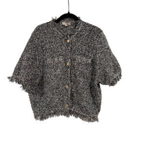 J. Crew Cropped Fringe-Trim Lady Jacket‎ in Marled Yarn in Black Ivory Size XXL